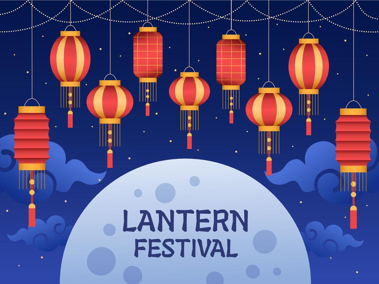 Hanging Chinese Lantern with Red and Yellow Color at Night Sky. Chinese Lantern Festival Design. Chinese New year. Can be used for greeting card, invitation, poster, banner, web, animation, etc. vector