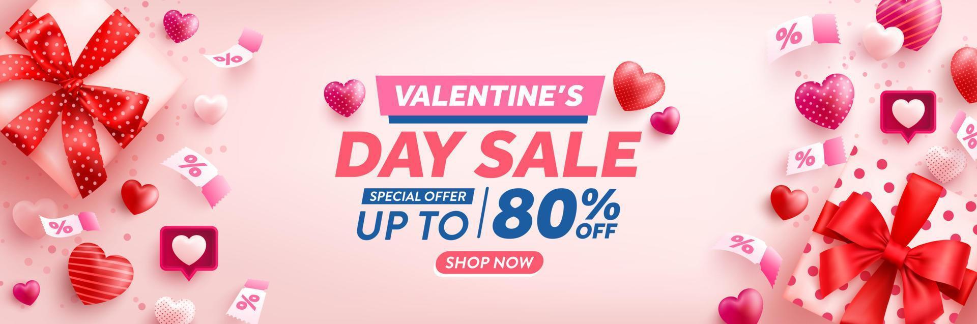 Valentine's Day Sale Poster with cute heart,pink coupon and Valentines day gift box on pink background. Promotion and shopping template for love and Valentine's day concept. vector