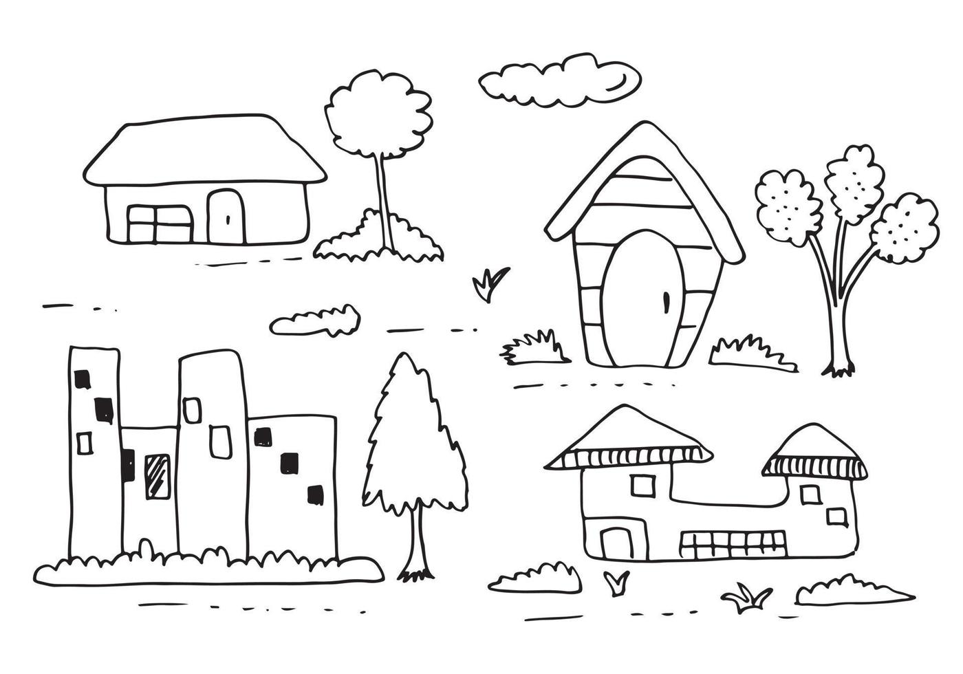 Hand drawn house  and trees vector set