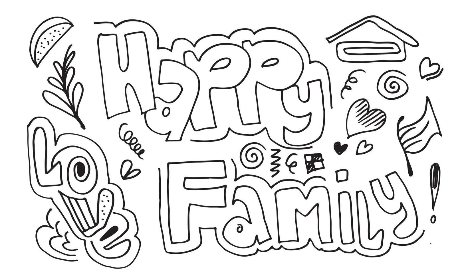 A collection of cute doodle hand drawings such as writing happy family, love and other symbols on a white background vector