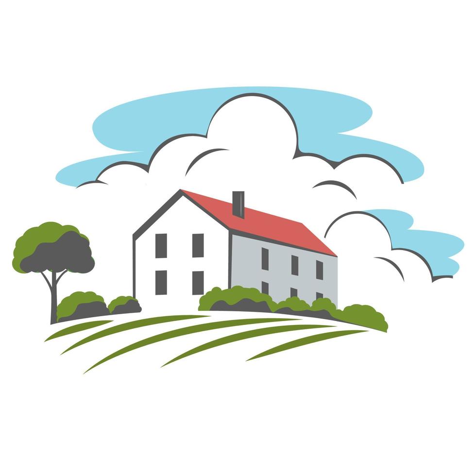 Farmhouse with trees, bushes, color emblem vector