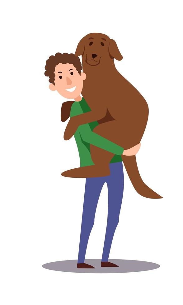 A man holds a large dog in his arms. The character hugs his pet. Vector sketch of a cartoon illustration on a white background.