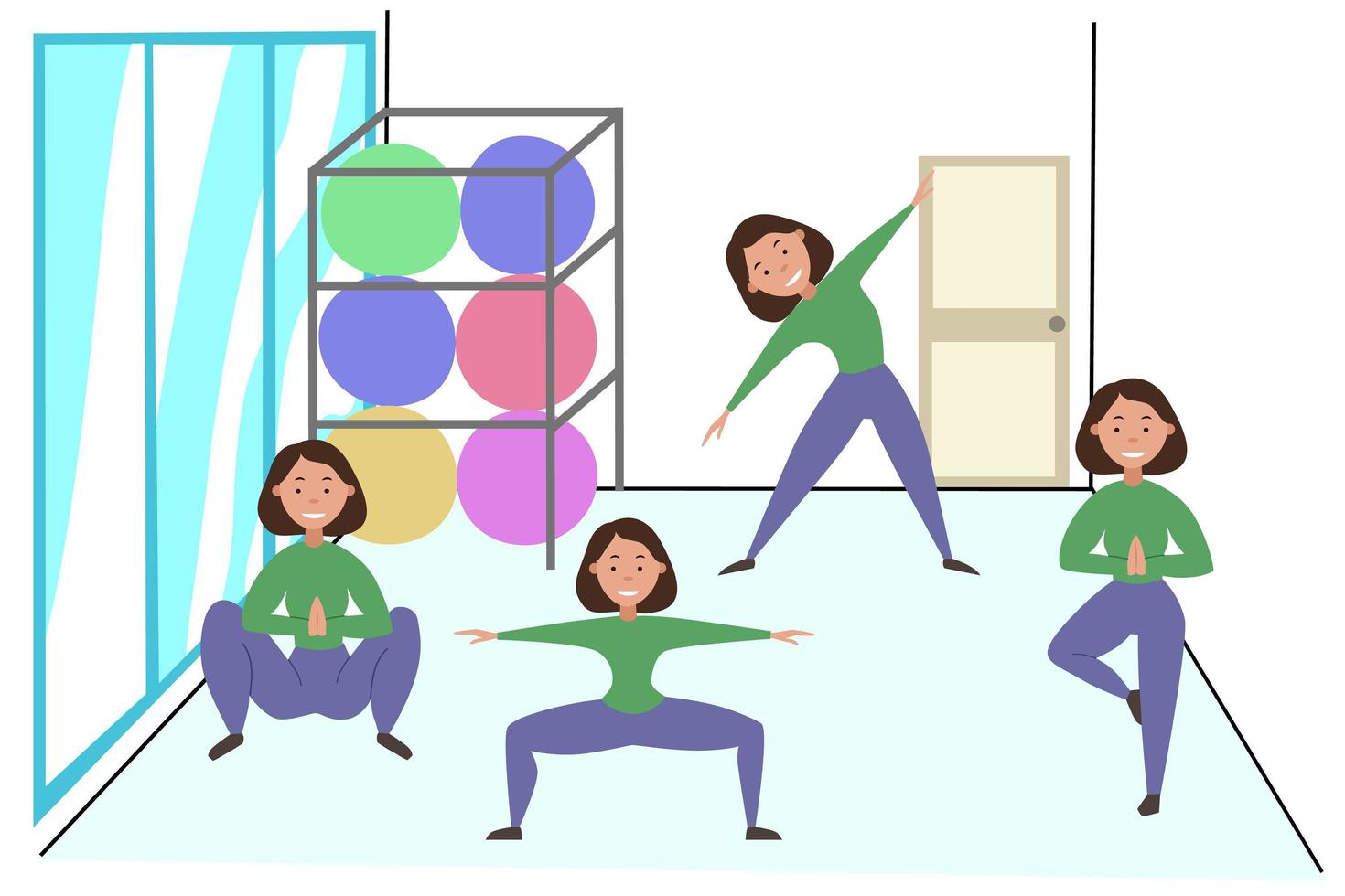 las mujeres están entrenando en el gimnasio de pilates. la niña hace diferentes ejercicios. clases de yoga. vector