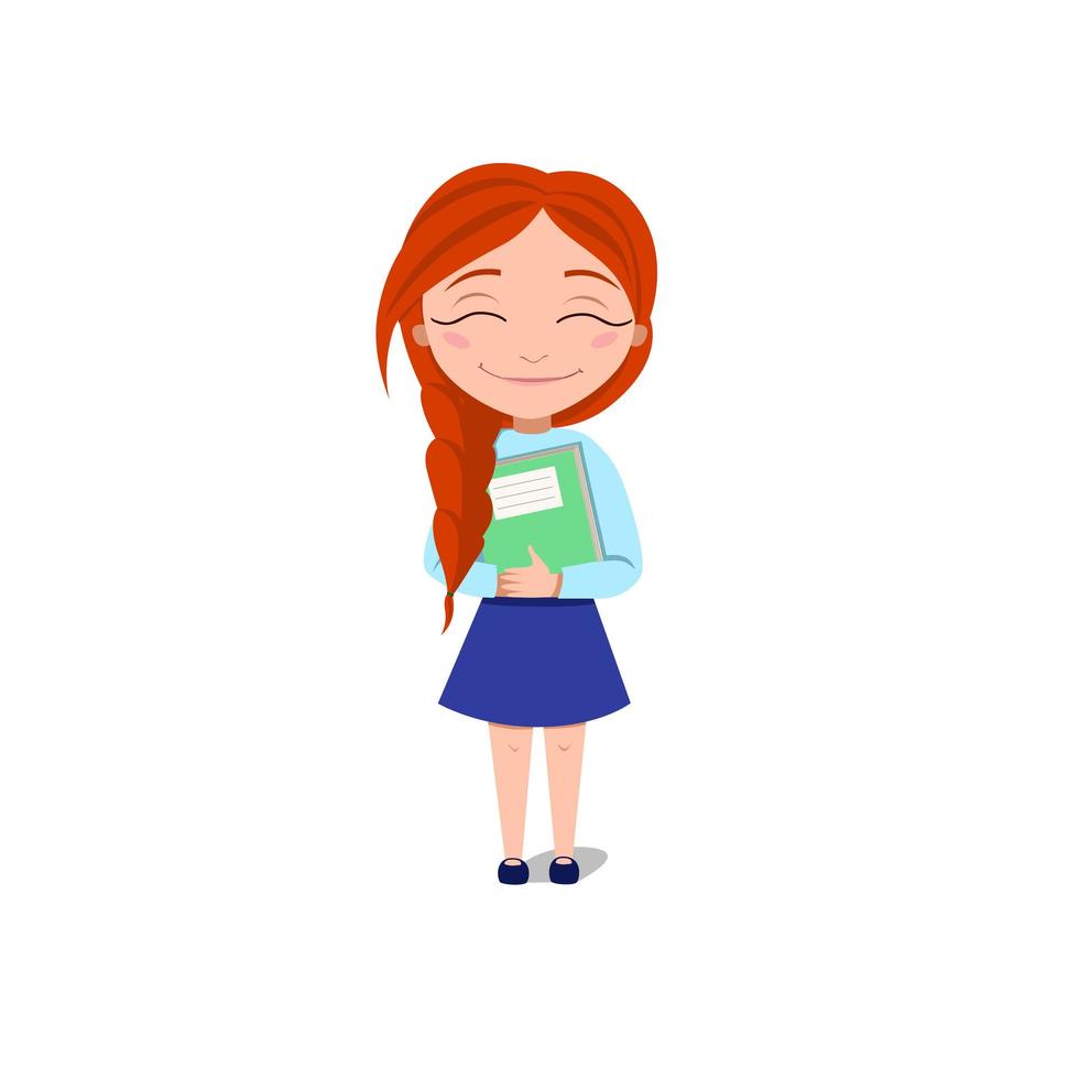 A schoolgirl hugs a book. The red-haired Girl smiles. Vector illustration on a white isolated background. Stock image