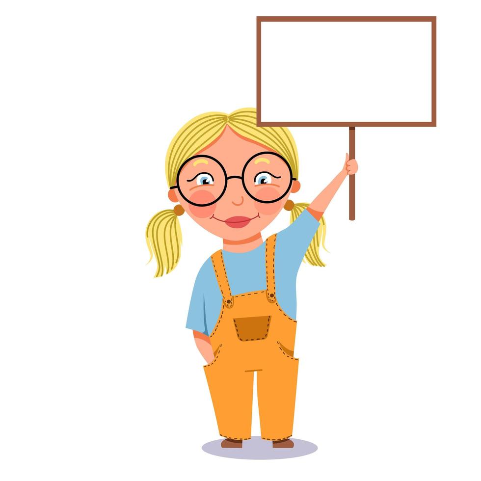 A blonde hairdo with two ponytails holds a sign with the text. vector