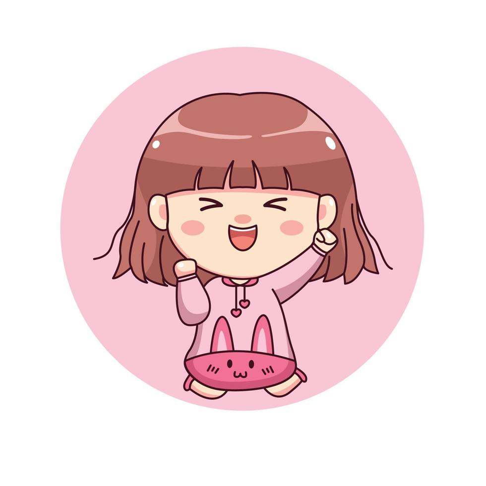 Happy cute and kawaii girl with pink hoodie bunny cartoon manga chibi character design for logo, mascot, illustration, etc vector