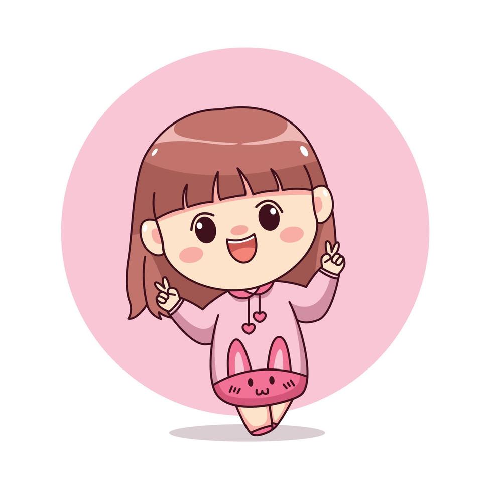 feliz linda y kawaii chica con sudadera con capucha rosa conejito paz signo dibujos animados manga chibi diseño de personajes para logotipo, mascota, ilustración, etc. vector