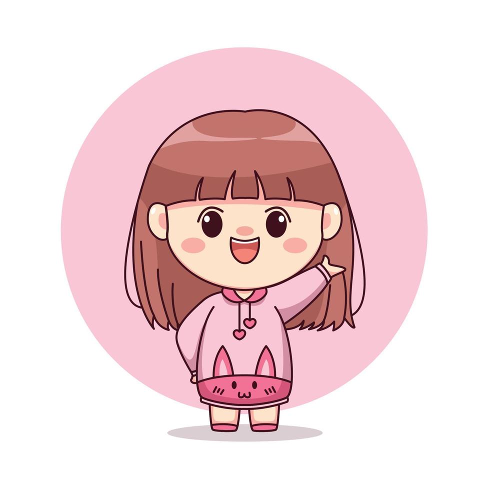 Happy cute and kawaii girl with pink hoodie bunny cartoon manga chibi character design vector