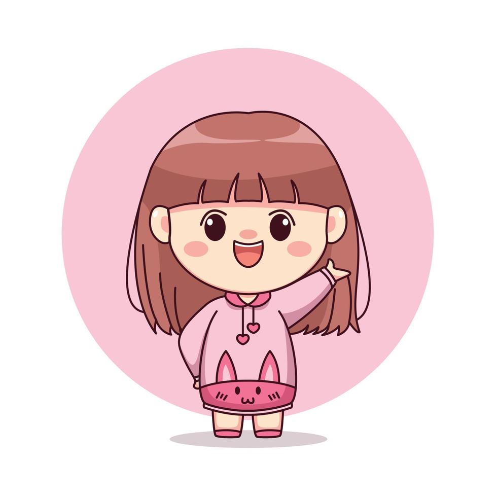 Happy cute and kawaii girl with pink hoodie bunny cartoon manga chibi character design vector