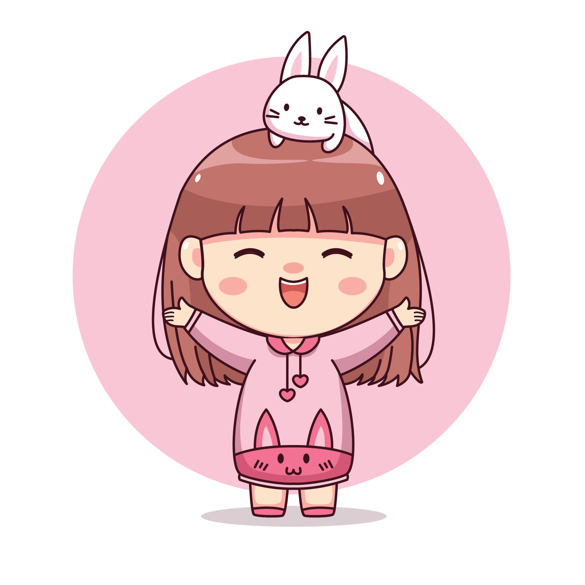 Happy cute and kawaii girl with pink hoodie bunny and cute rabbit ...