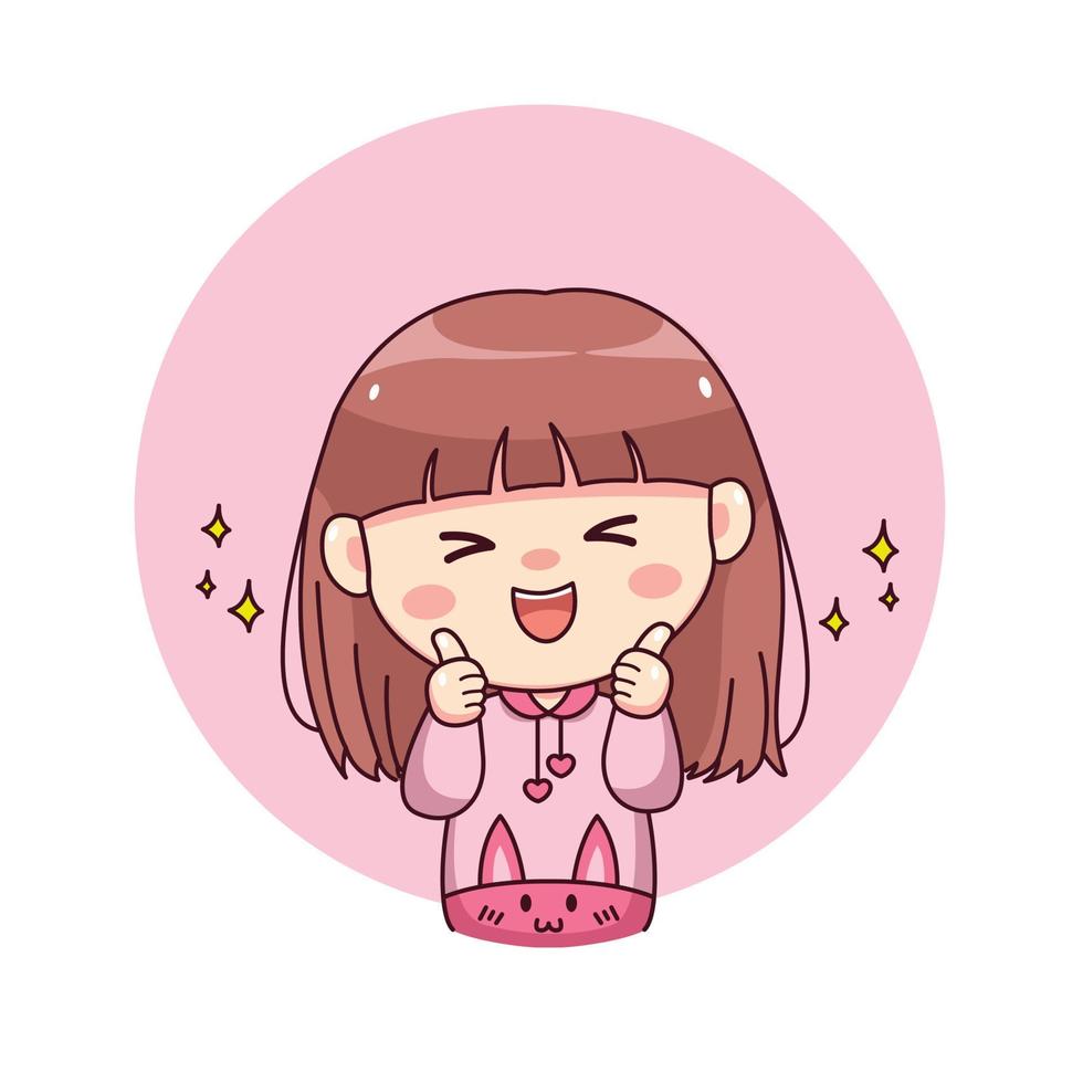 Happy cute and kawaii girl with pink hoodie bunny thumbs up cartoon manga chibi character design for logo, mascot, illustration, sticker, label, etc vector