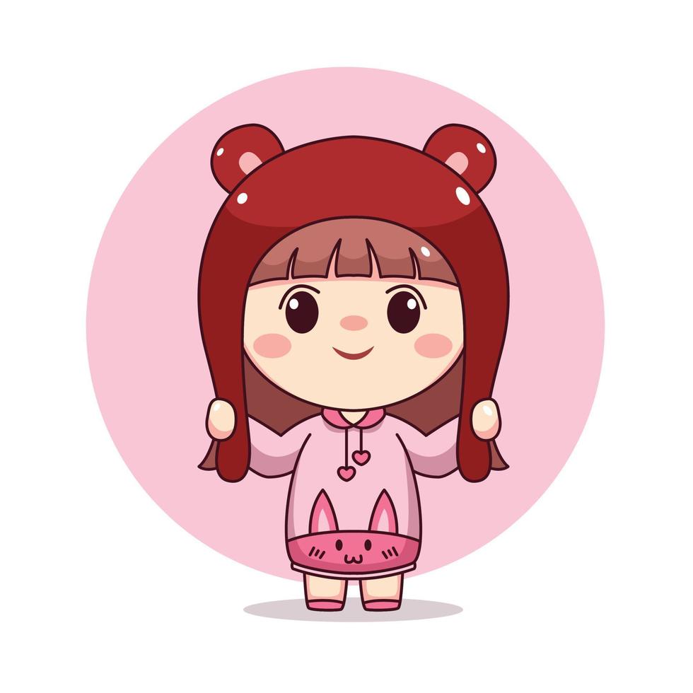 feliz linda y kawaii chica con capucha rosa conejito dibujos animados manga  chibi diseño de personajes para logotipo, mascota, ilustración, etc.  5419237 Vector en Vecteezy