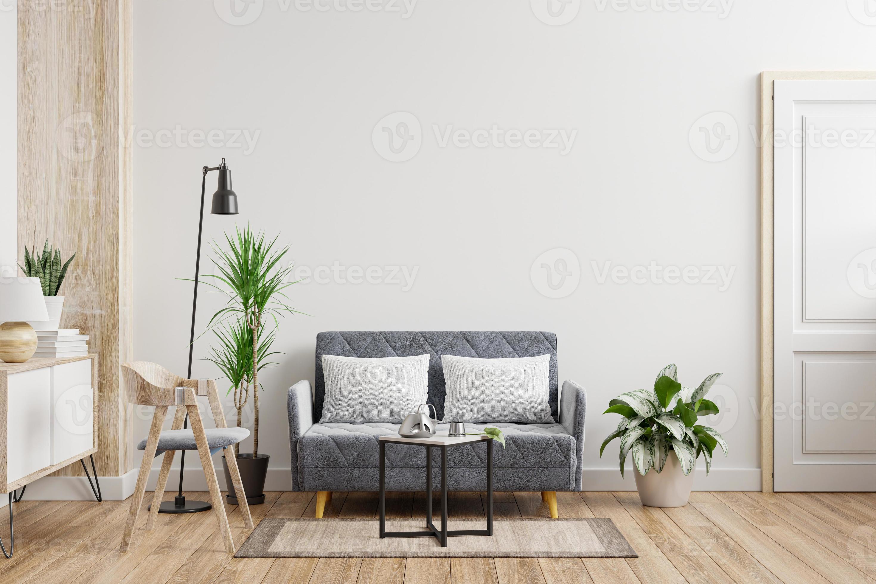 Living room interior wall mockup with sofa,armchair and plants on empty white wall background