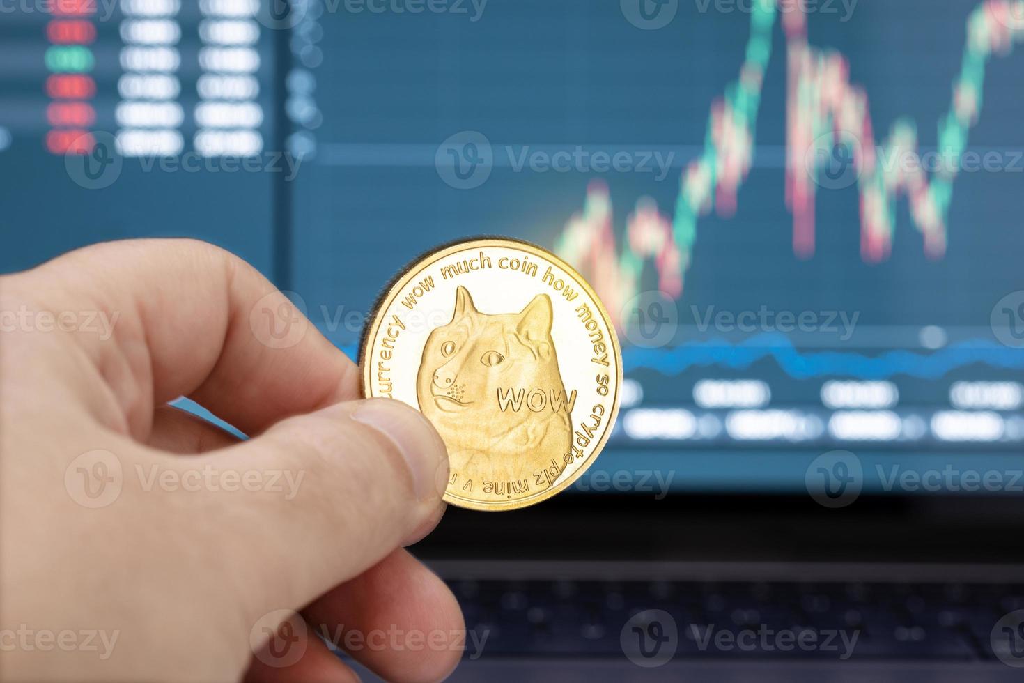 Hand holding a Dogecoin coin and chart on laptop display at background. Cryptocurrency trading or investment concept photo