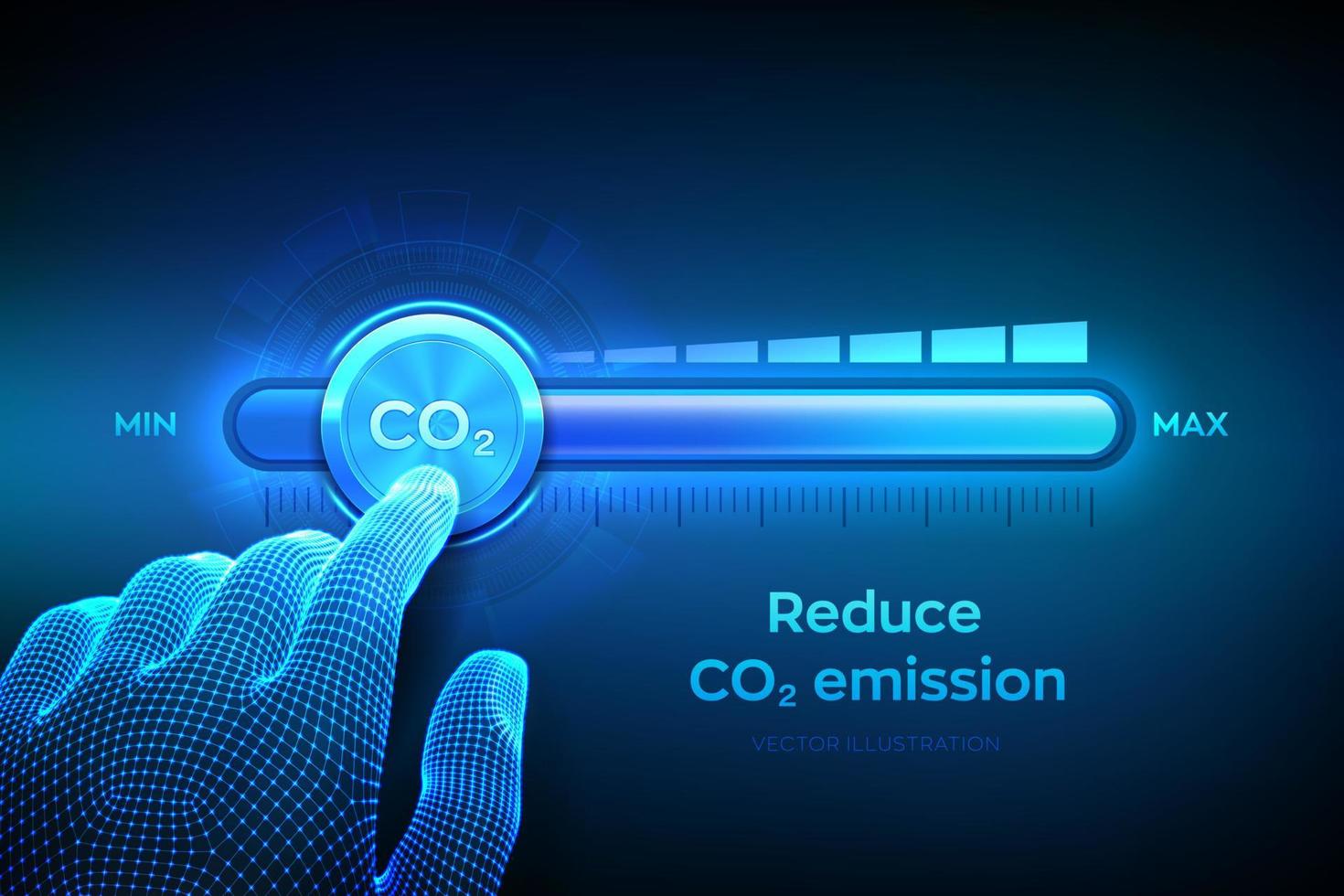 Carbon dioxide emissions control concept. Reduce CO2 level. Wireframe hand is pulling to the minimum position carbon dioxide progress bar. CO2 reduction or removal concept. Vector illustration.