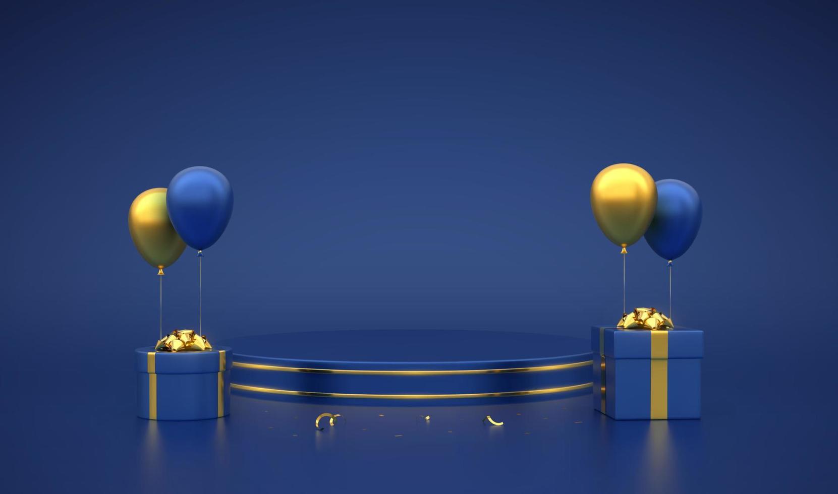 Blue round podium. Scene, 3D platform with gold circle on blue background. Blank advertising pedestal with gift boxes with golden bows and festive helium balloons. Realistic vector illustration.