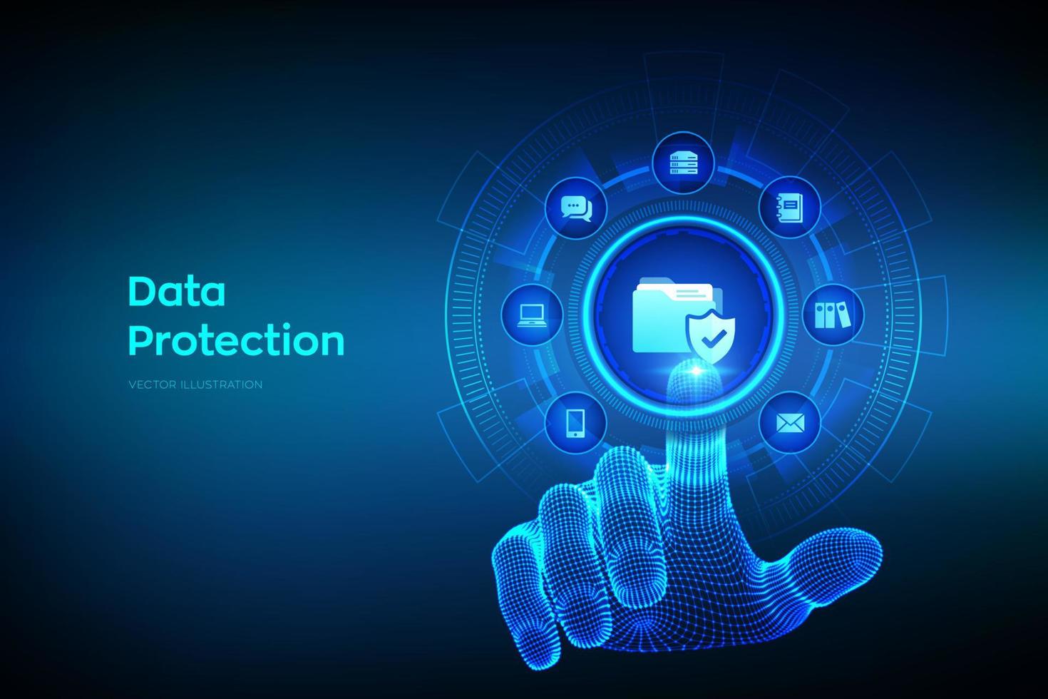 protección de Datos. concepto de seguridad de datos personales en pantalla virtual. icono de carpeta protegida. la seguridad cibernética. privacidad y seguridad en Internet. Interfaz digital táctil de mano de estructura alámbrica. ilustración vectorial vector