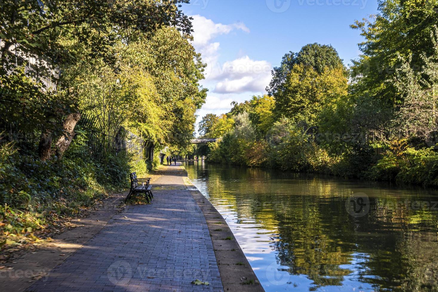 Empty bench on footpath with green trees beside river in park photo