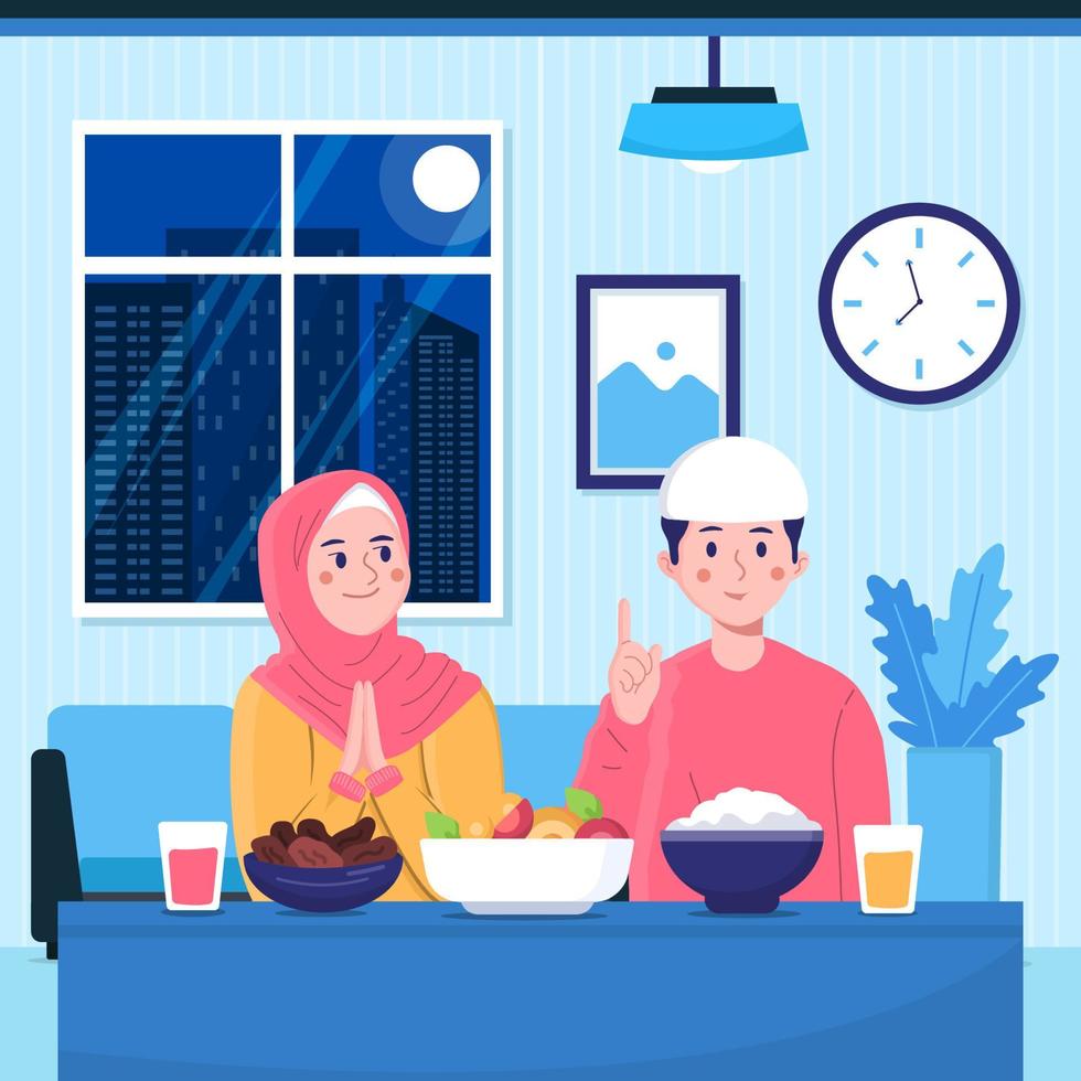 feliz pareja musulmana cenando iftar vector