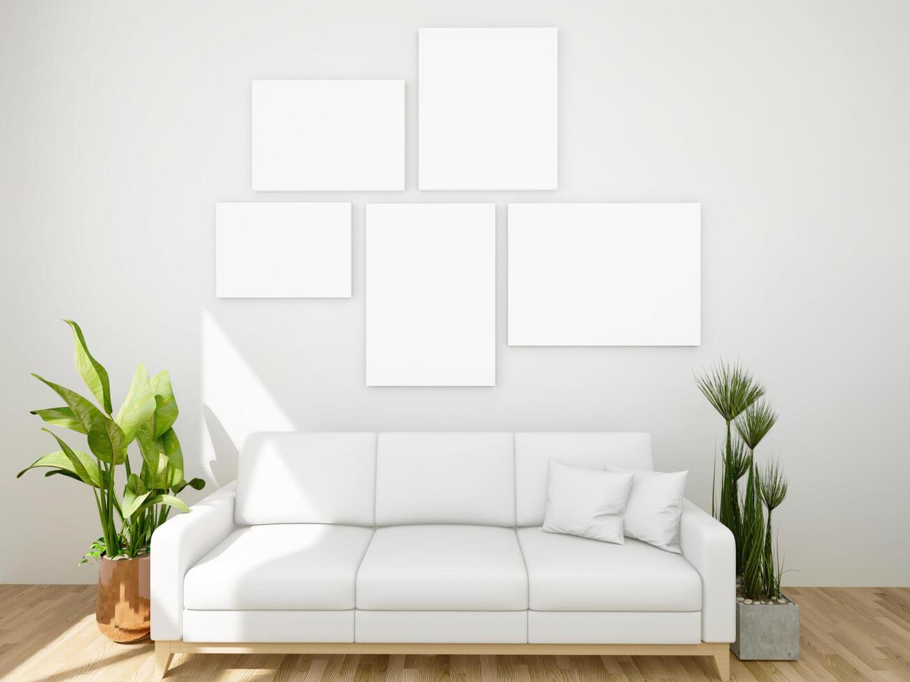 Mock up of poster frame in wooden floor modern interior in living room with some trees isolated on light background, 3D render, 3D illustration photo