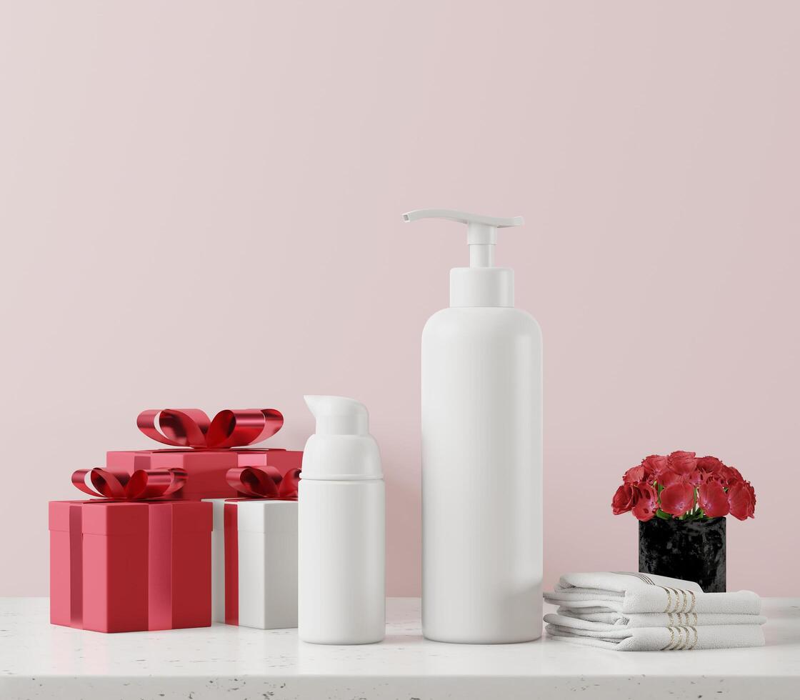 una maqueta de un par de botellas de loción corporal limpias en blanco realistas aisladas en fondo rosa claro, presentación en 3d, ilustración en 3d foto