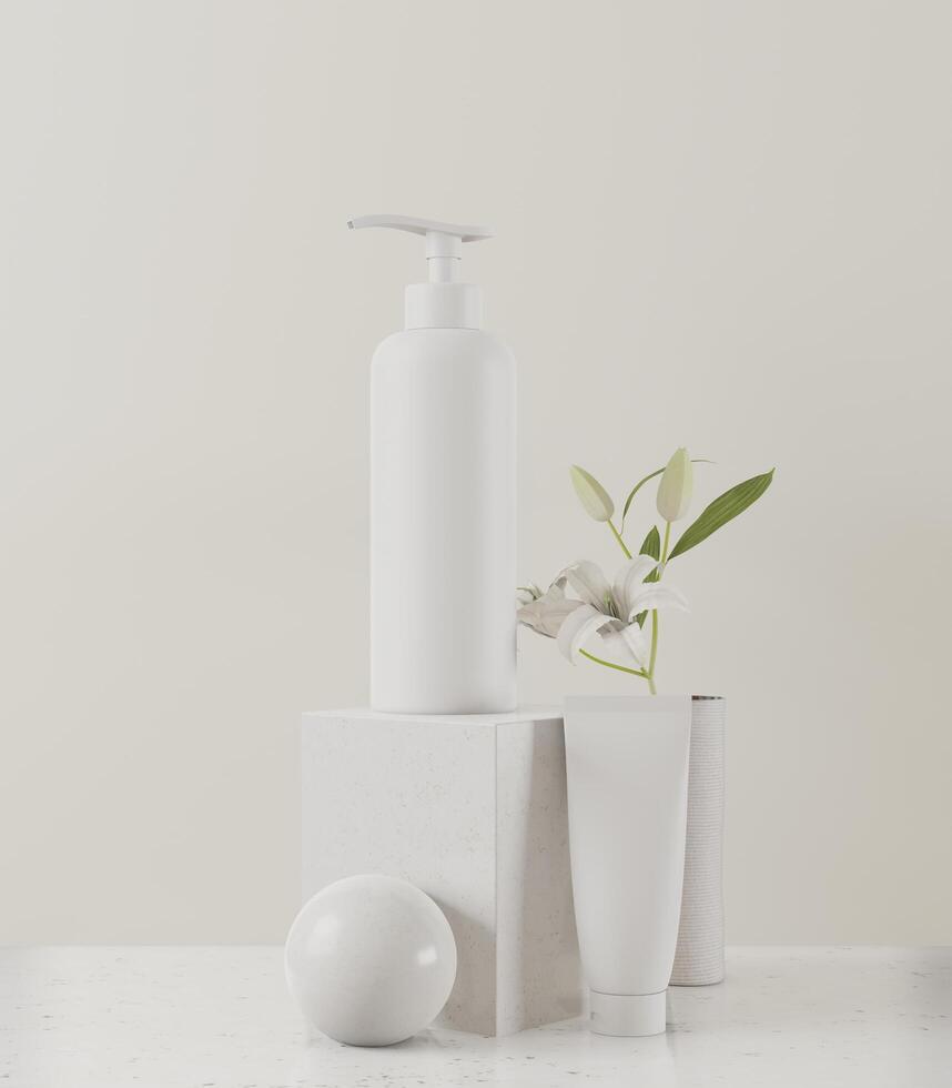 A mock up of couple realistic White blank tube and clean body lotion bottle isolated in white background, 3D render, 3D illustration photo