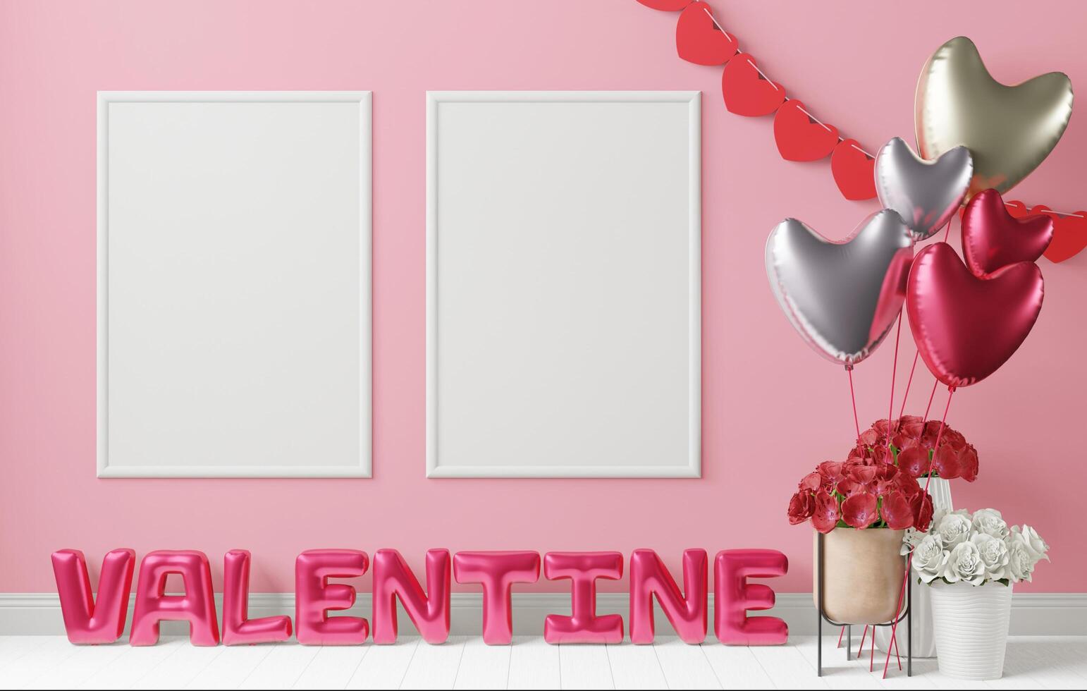 A couple of mock up poster frame in modern interior with valentine background and love shape , 3D render, 3D illustration photo