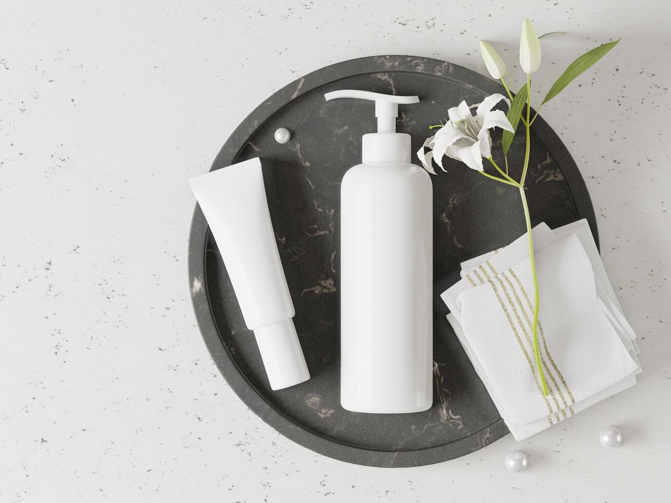 A mock up of couple realistic White blank tube and clean body lotion bottle isolated in marbel background, 3D render, 3D illustration photo
