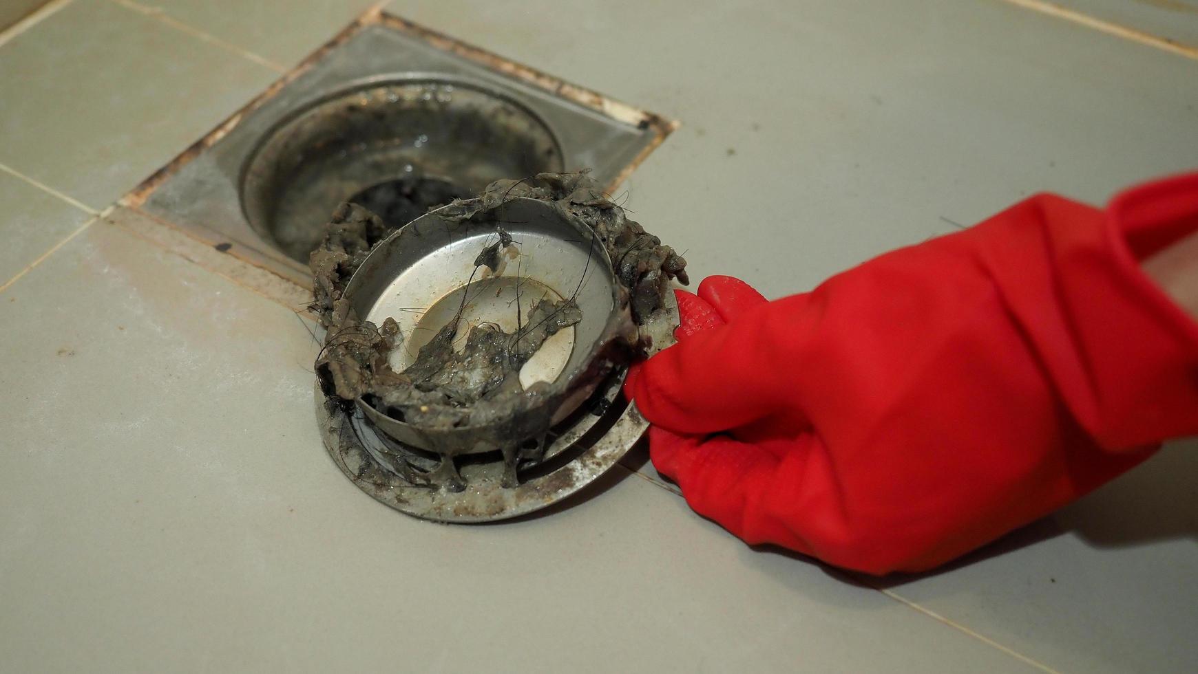 Drain cleaning. Clogged and dirty sewer pipes floor drain. photo