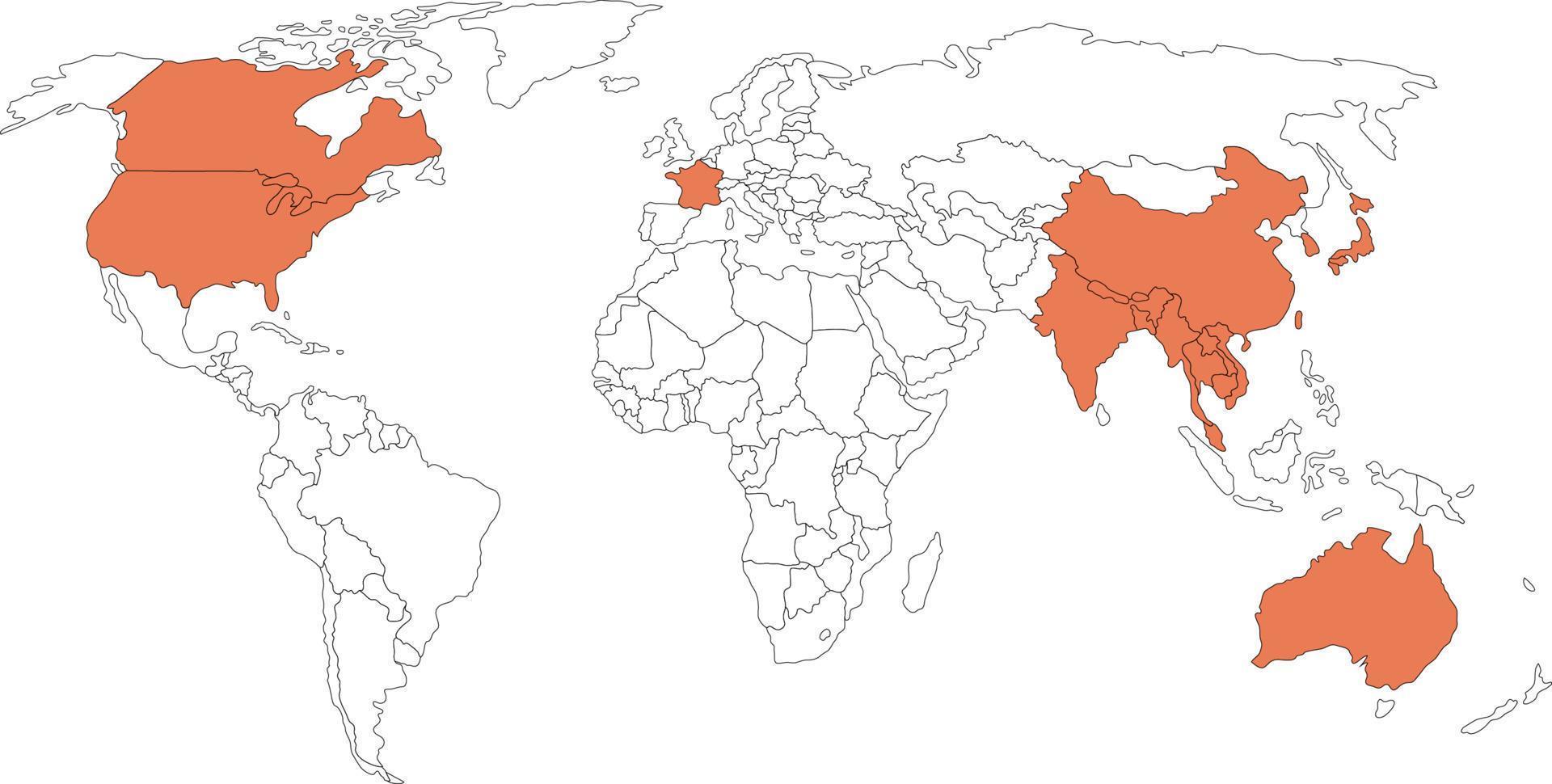 plantilla de mapa mundial con continentes, américa del norte y del sur, europa y asia, áfrica y australia vector