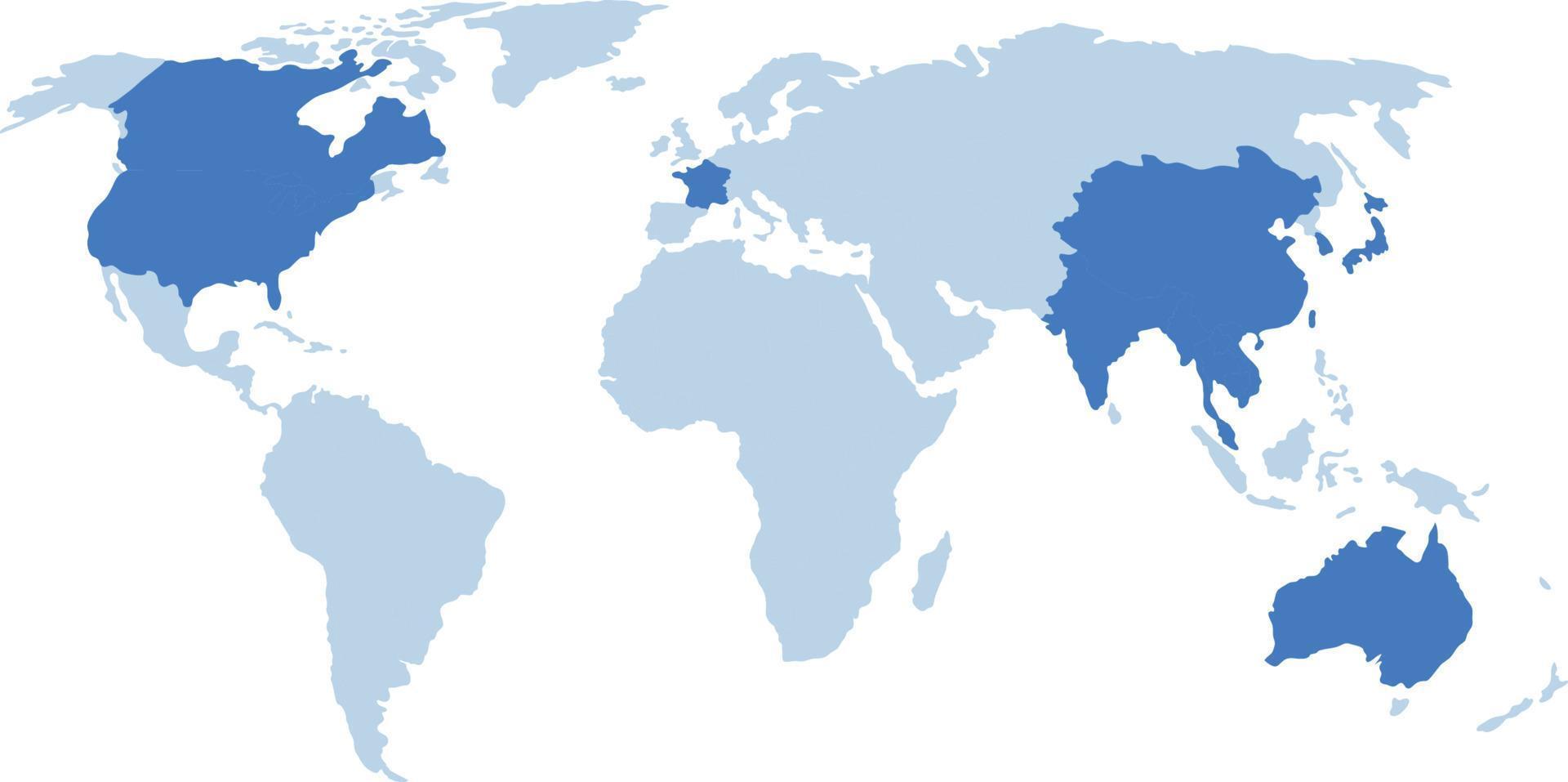 plantilla de mapa mundial con continentes, américa del norte y del sur, europa y asia, áfrica y australia vector