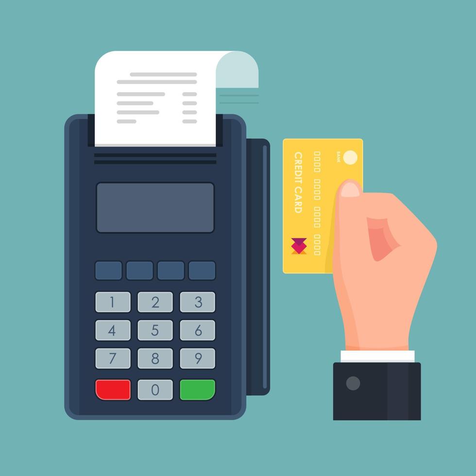 POS terminal payment by credit card. Hand holding card. Vector illustration