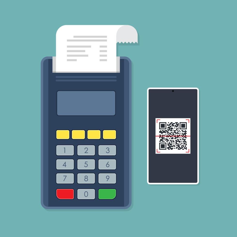 POS terminal payment by smartphone qr code scan. Vector illustration