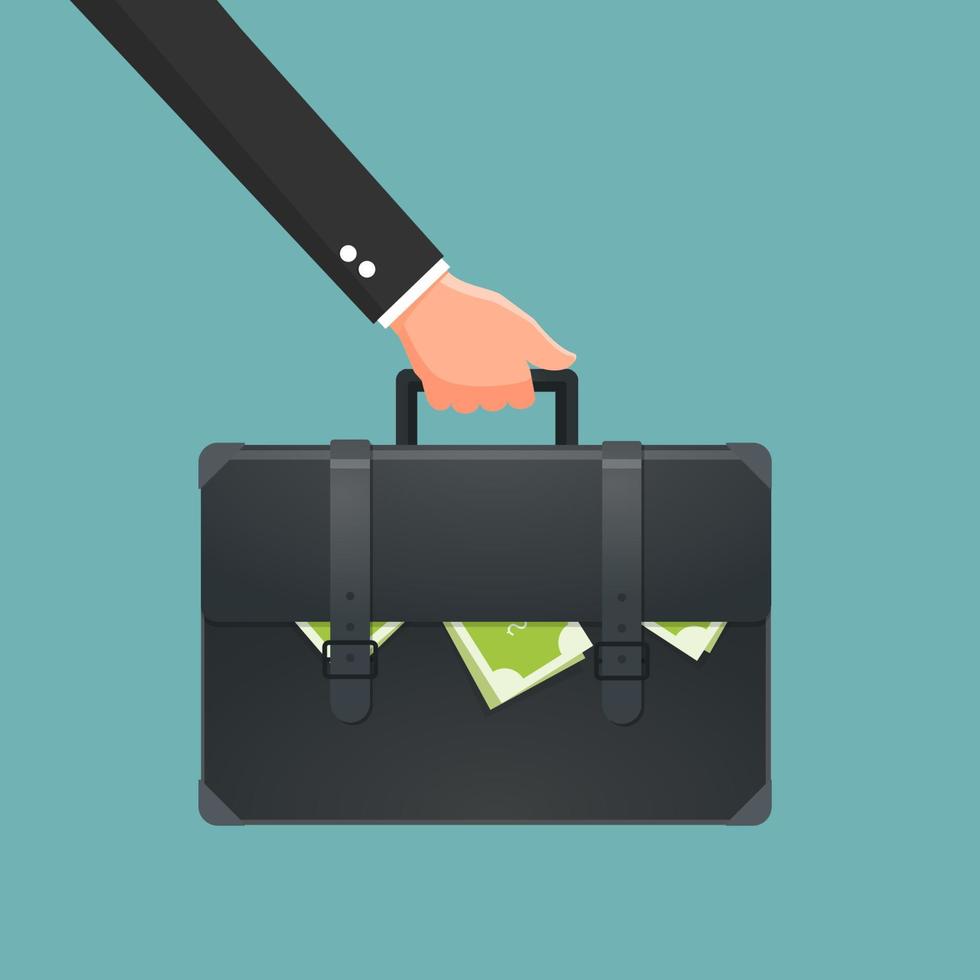 Businessman holding briefcase with money. Vector illustration