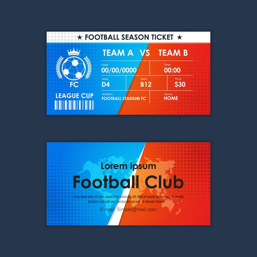 fútbol, elemento de tarjeta de entradas de fútbol azul y rojo con diseño gráfico de medios tonos. ilustración vectorial vector