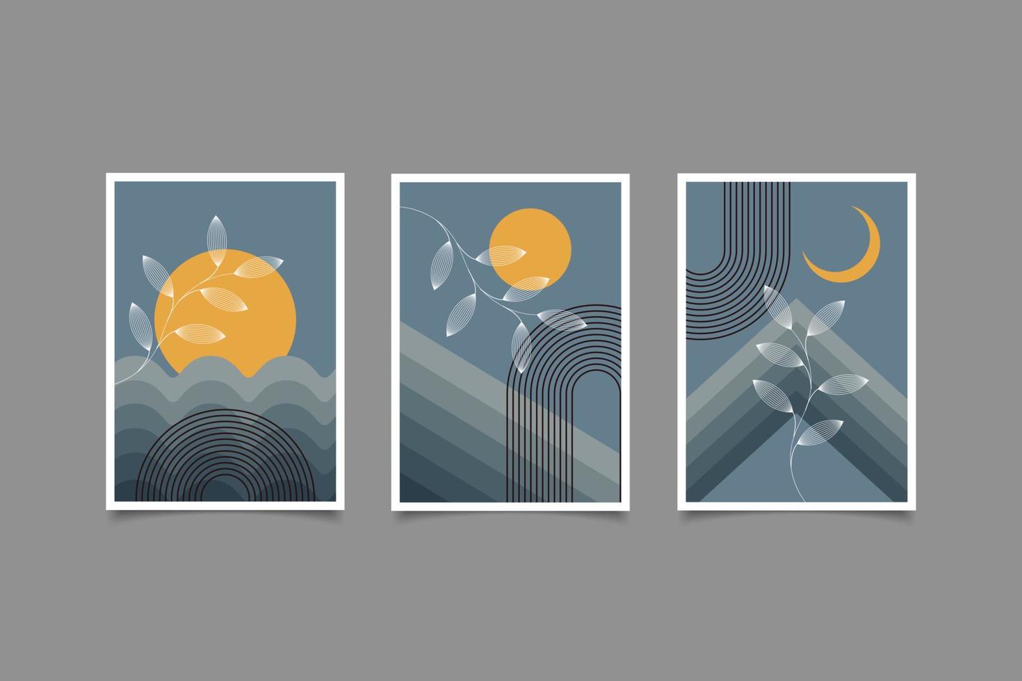 abstract mid century sun and moon landscape ilustration collection vector