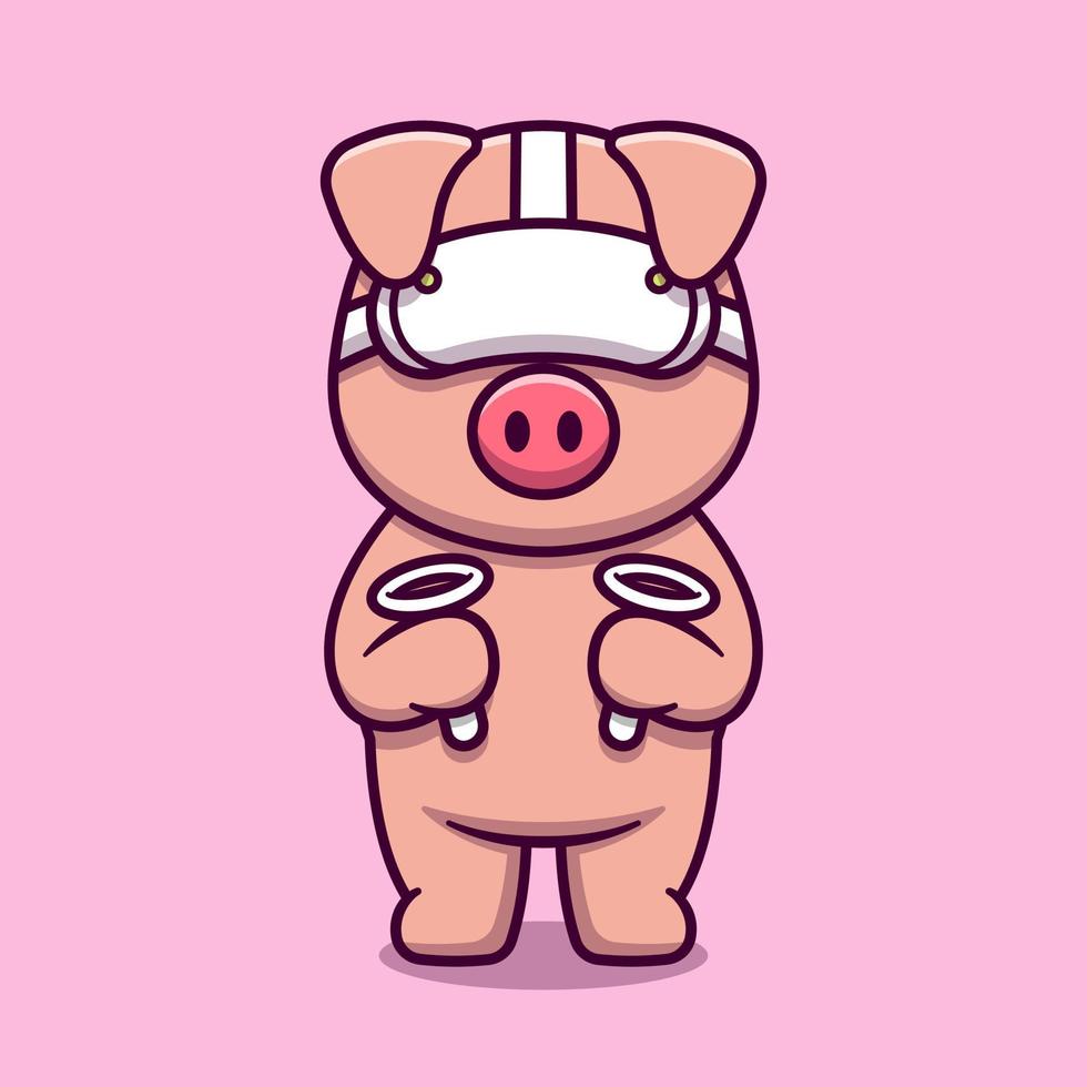 Cute pig using virtual reality headset cartoon icon illustration vector
