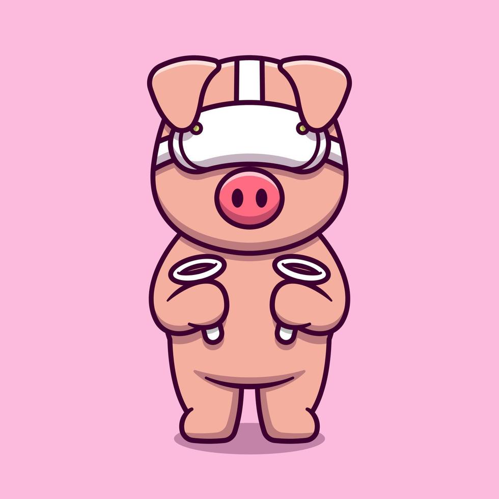 Cute pig using virtual reality headset cartoon icon illustration vector