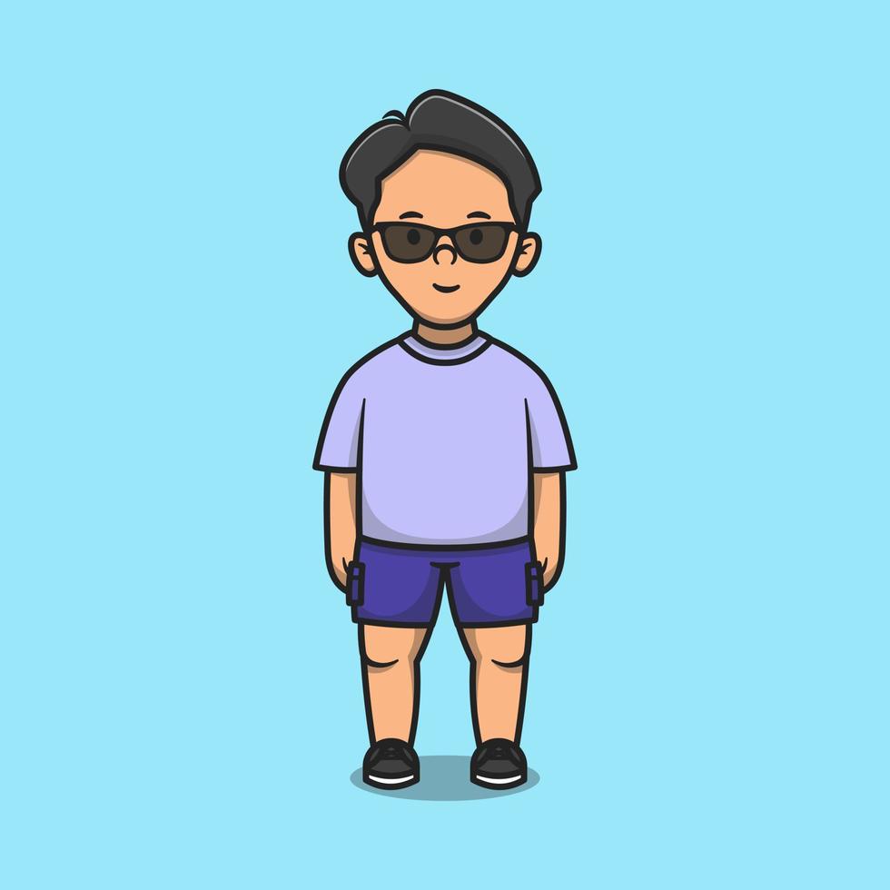 Cute boy cartoon vector icon illustration wearing t shirt and sunglasses