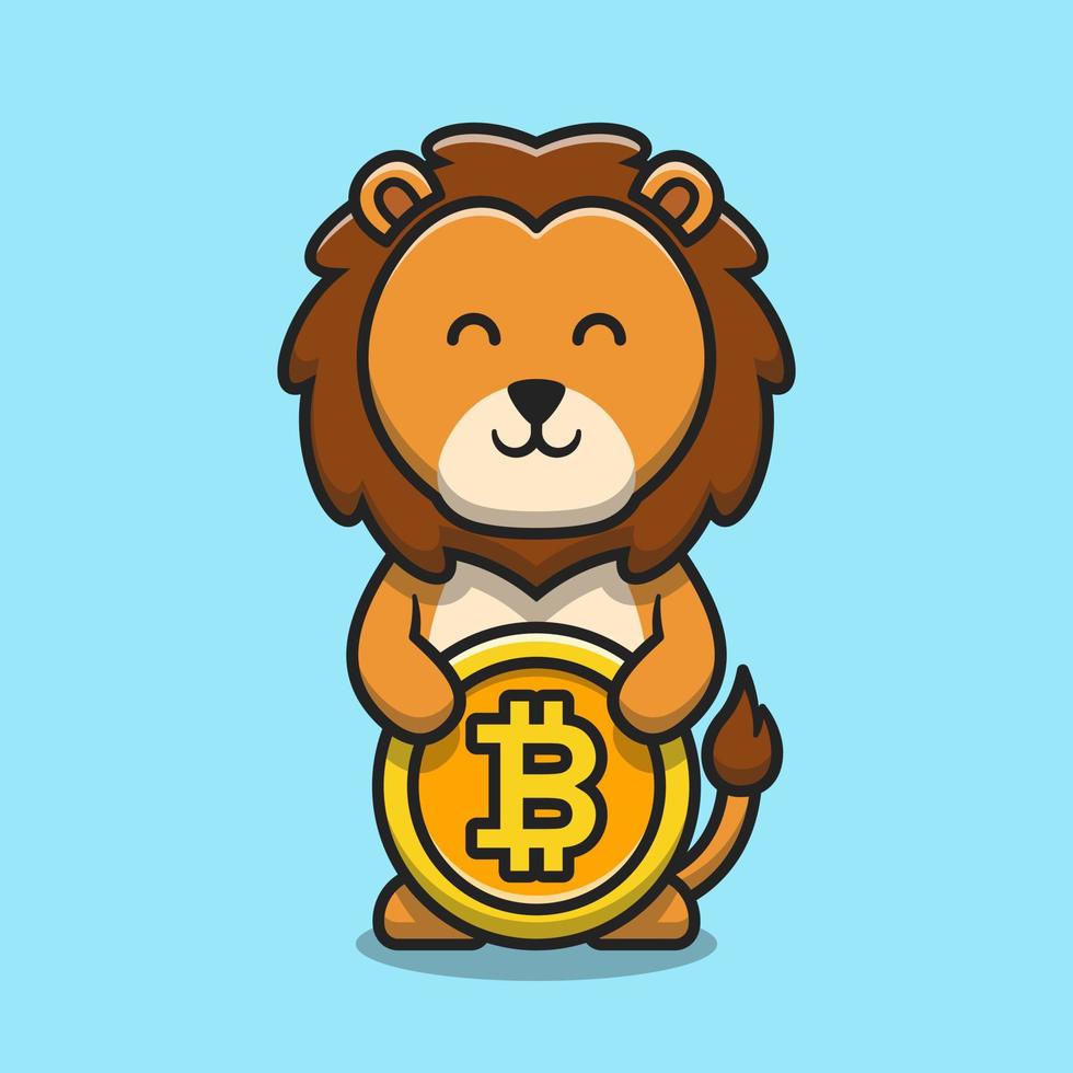 lindo león sosteniendo bitcoin dibujos animados vector icono ilustración