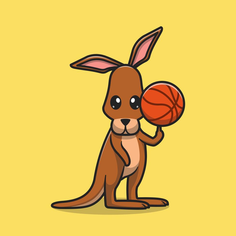 lindo canguro girando baloncesto en la mano dibujos animados vector icono ilustración