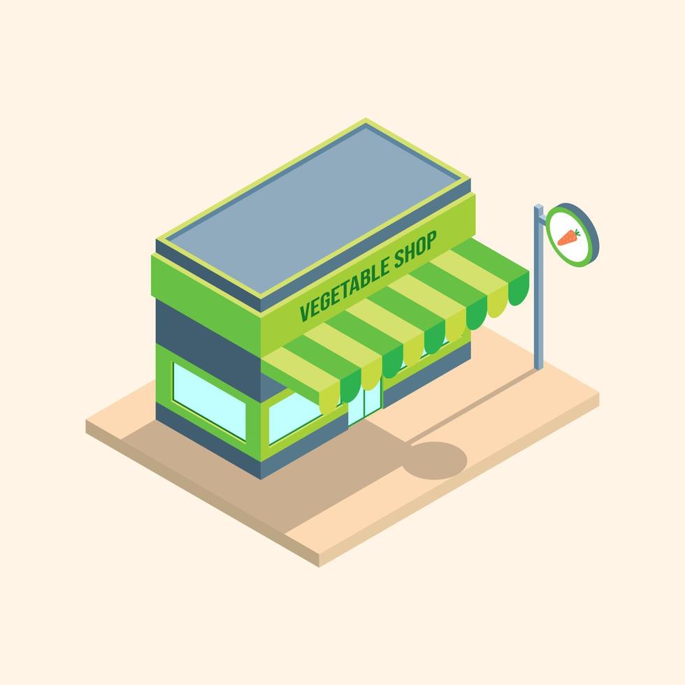 Isometric vegetable shop building with outdoor sign vector icon illustration