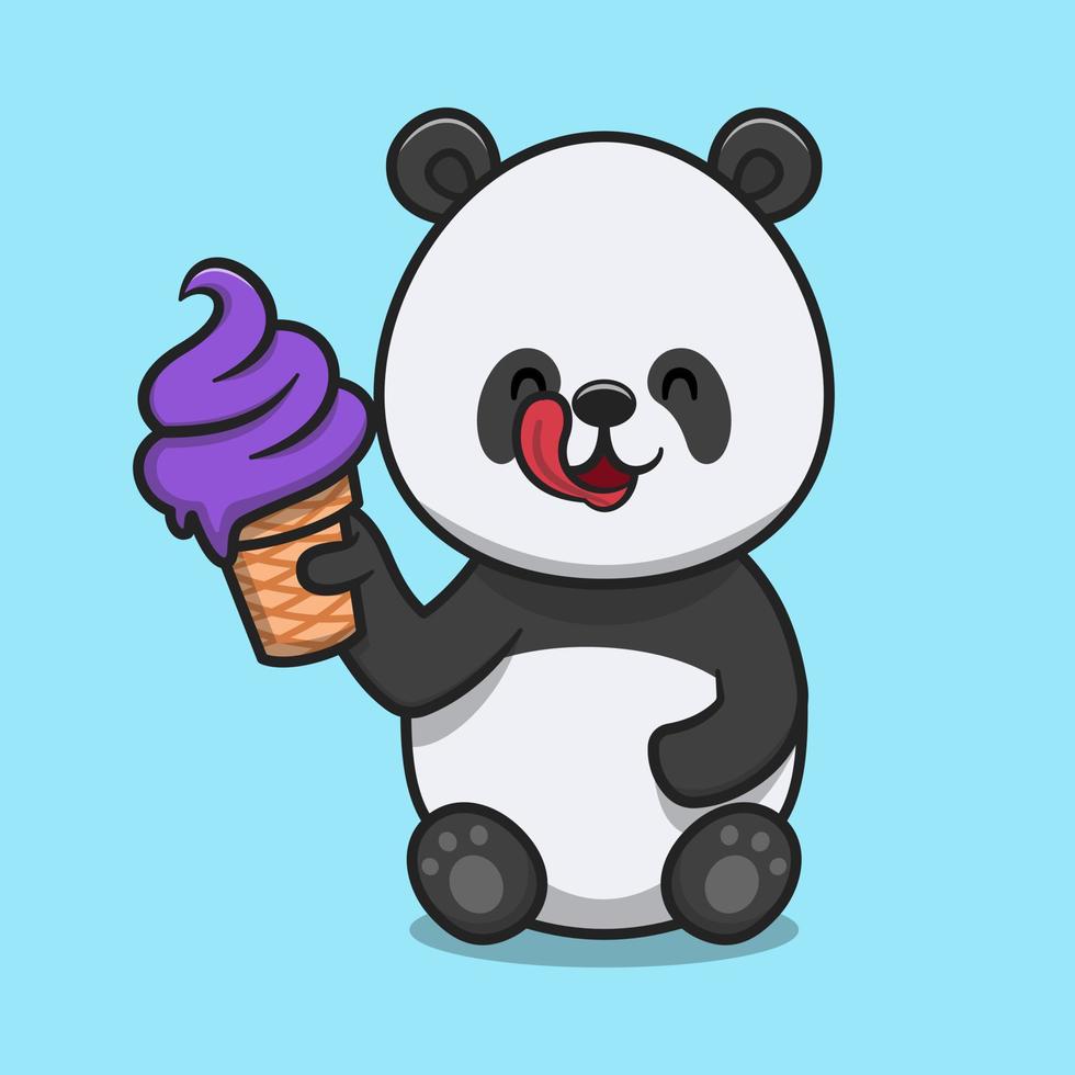 Cute panda holding blueberry ice cream cone cartoon vector icon illustration
