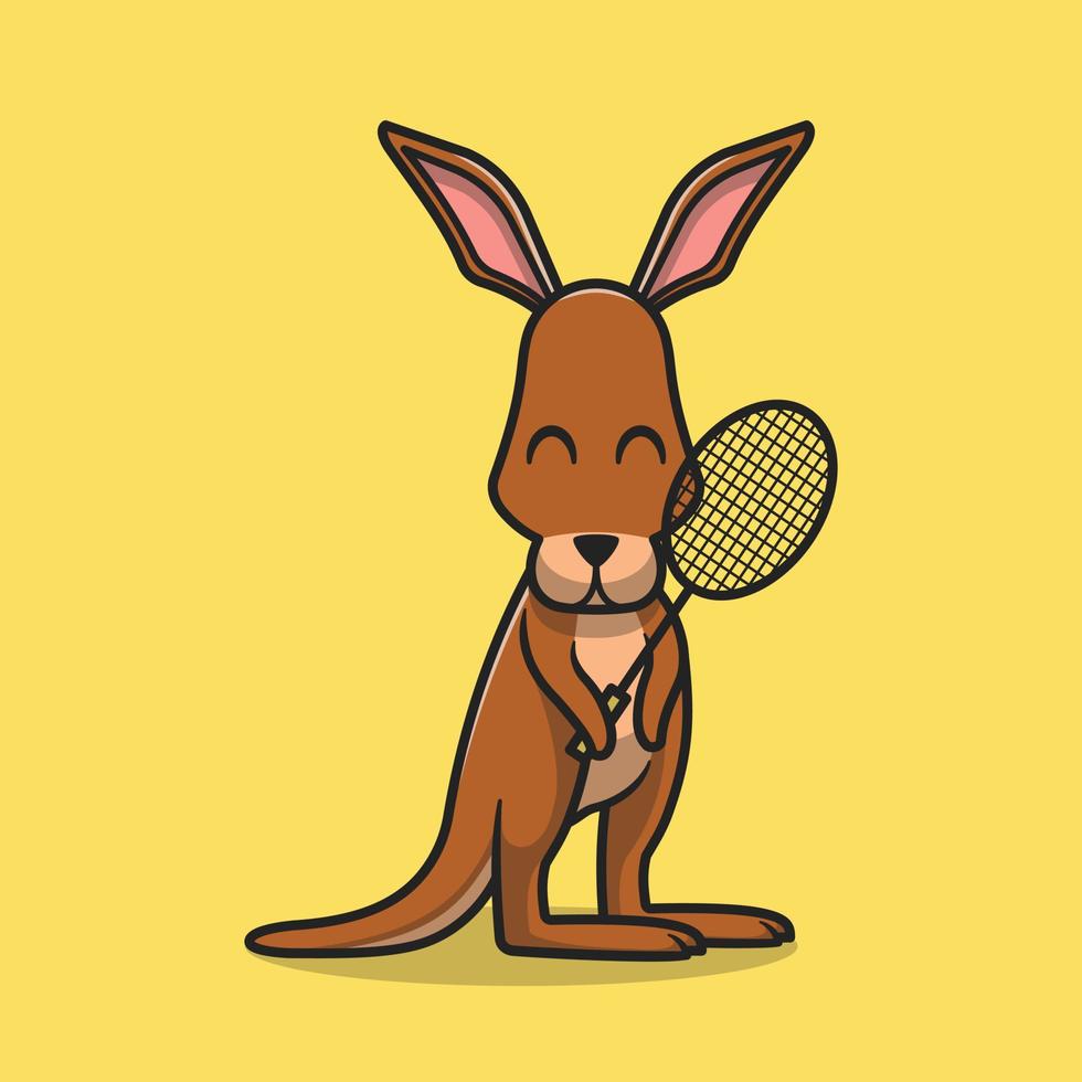 lindo canguro sosteniendo raqueta de bádminton dibujos animados vector icono ilustración