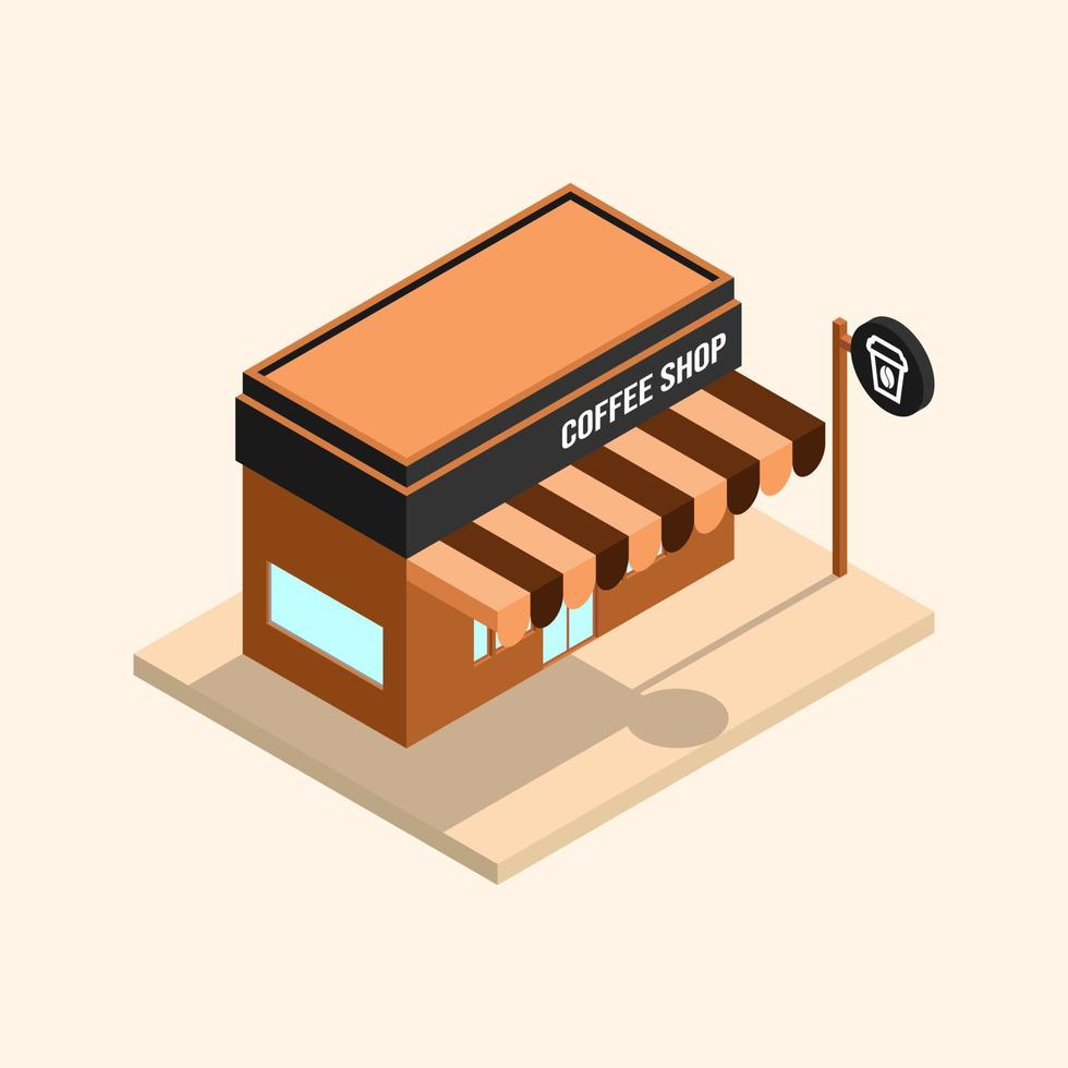 Isometric coffee shop building with outdoor sign vector icon illustration