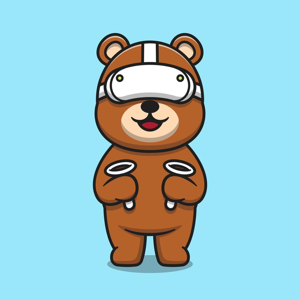 Cute bear using virtual reality headset cartoon icon illustration vector