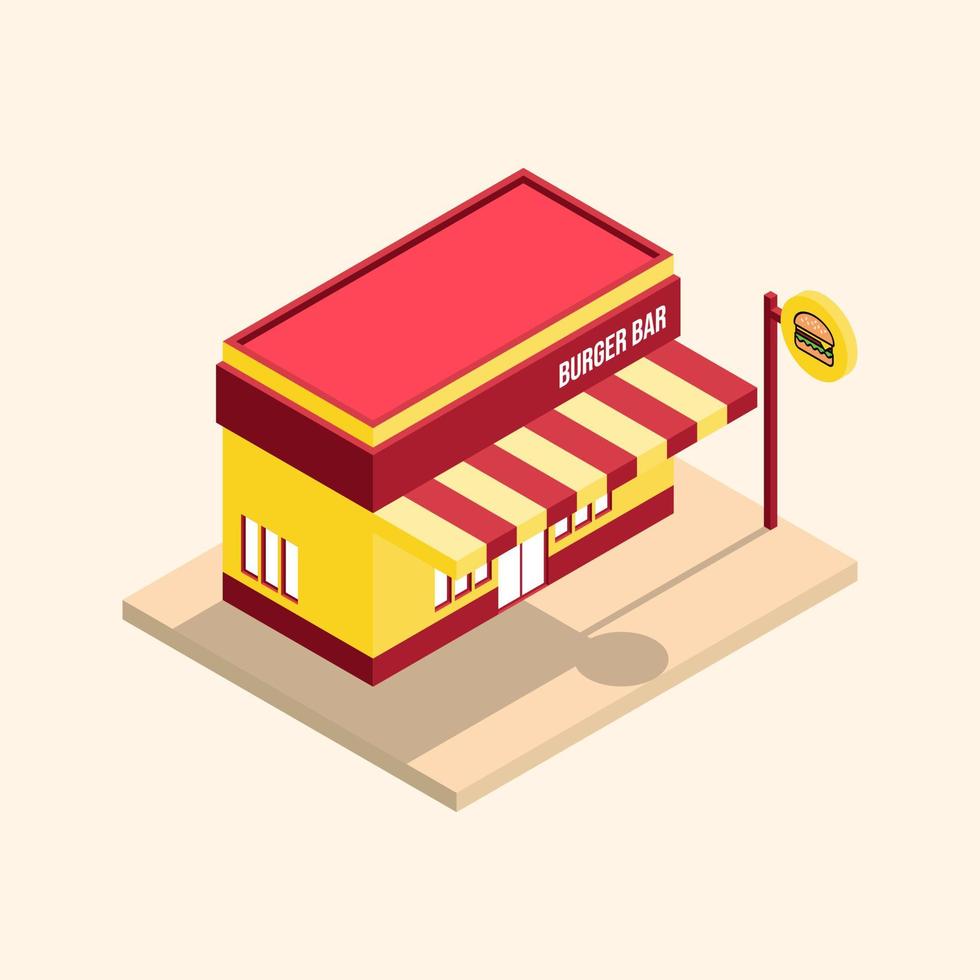 Isometric burger bar building with outdoor sign vector icon illustration