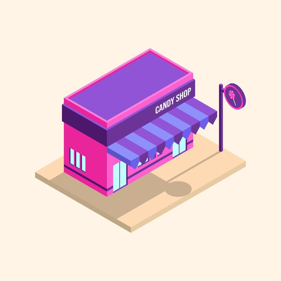 Isometric candy shop building with outdoor sign vector icon illustration