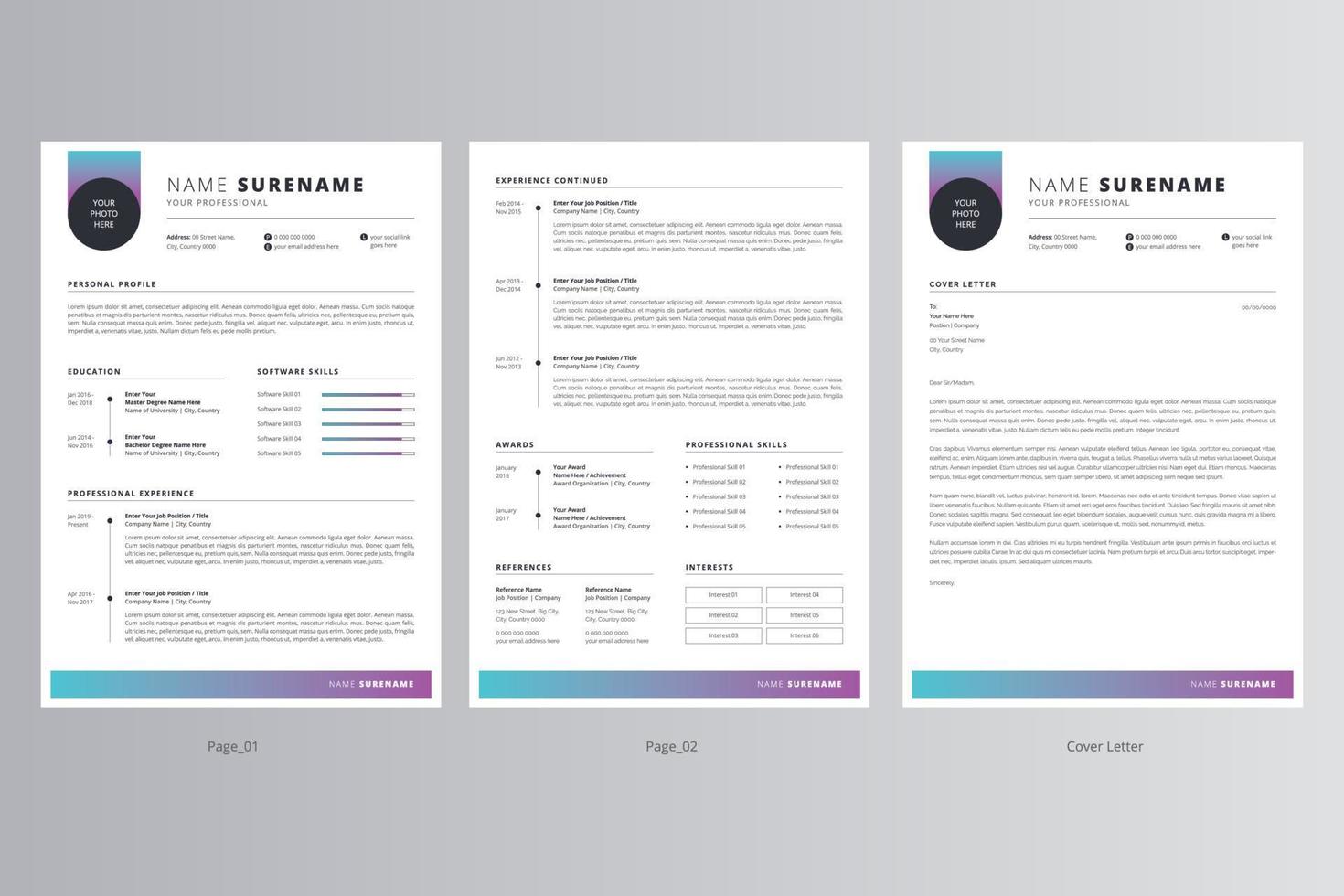 currículum profesional y plantilla de carta de presentación. vector profesional