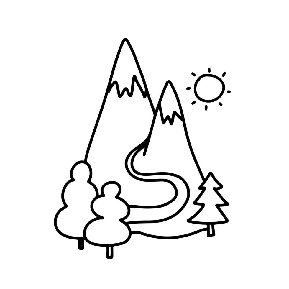 Vector doodle mountain poster. Hand drawn vector illustration. T-shirt, poster, banner, badge, emblem, sticker, placard.